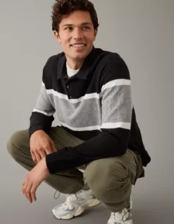 AE Long-Sleeve Striped Sweater Polo -Aerie 1149 1797 001 of